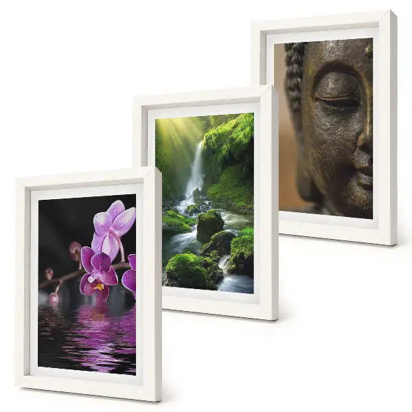 Bilderset mit Rahmen Blumen im Wasserfall mit grünen Felsen und Buddha