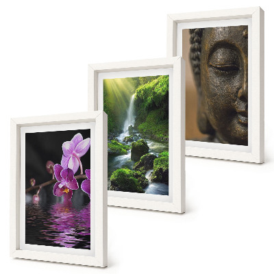 Bilderset mit rahmen Blumen im Wasserfall mit grünen Felsen Buddha