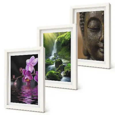 Bilderset mit Rahmen Blumen im Wasserfall mit grünen Felsen und Buddha