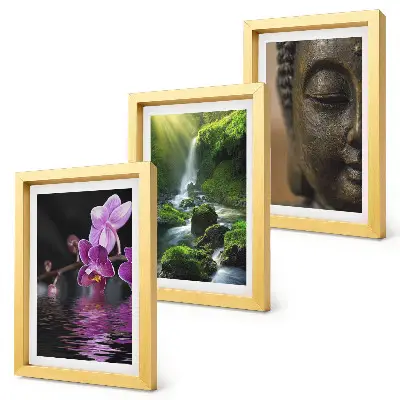 Bilderset mit Rahmen Blumen im Wasserfall mit grünen Felsen und Buddha