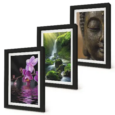 Bilderset mit Rahmen Blumen im Wasserfall mit grünen Felsen und Buddha