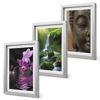 Bilderset mit Rahmen Blumen im Wasserfall mit grünen Felsen und Buddha