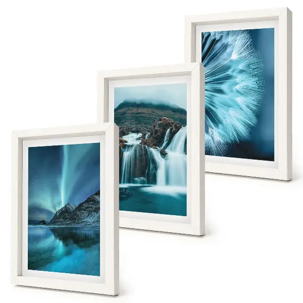 Bilderwand mit Winterlandschaften, Wasserfällen und Nordlichtern