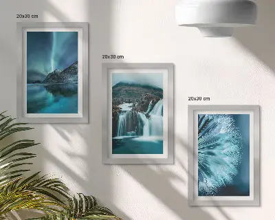 Bilderwand mit Winterlandschaften, Wasserfällen und Nordlichtern