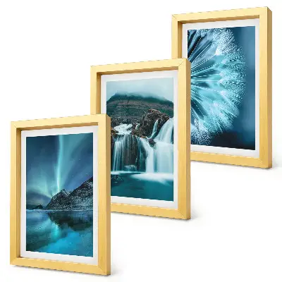 Bilderwand mit Winterlandschaften, Wasserfällen und Nordlichtern