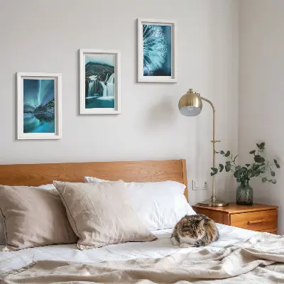 Bilderwand mit Winterlandschaften, Wasserfällen und Nordlichtern