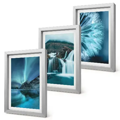 Bilderwand mit Winterlandschaften, Wasserfällen und Nordlichtern