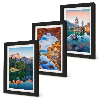 Bilderset mit rahmen Bergseen mit Spiegelungen im Wasser und in den Felsen
