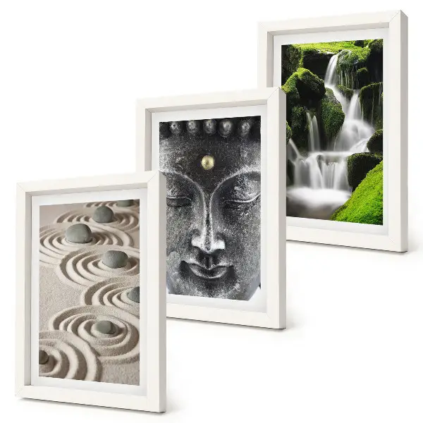 Fotowand mit einer ruhigen Naturkulisse aus Steinen, einem Wasserfall und Buddha