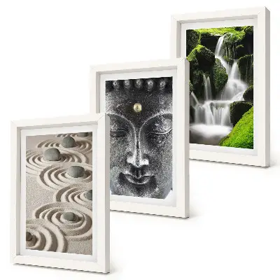 Fotowand mit einer ruhigen Naturkulisse aus Steinen, einem Wasserfall und Buddha