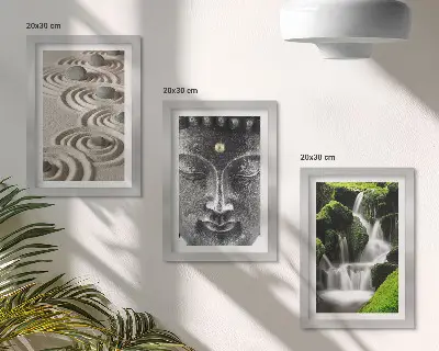 Fotowand mit einer ruhigen Naturkulisse aus Steinen, einem Wasserfall und Buddha