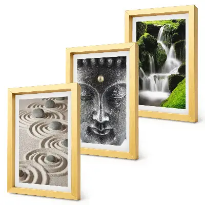 Fotowand mit einer ruhigen Naturkulisse aus Steinen, einem Wasserfall und Buddha