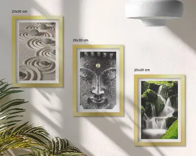 Fotowand mit einer ruhigen Naturkulisse aus Steinen, einem Wasserfall und Buddha