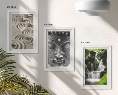 Fotowand mit einer ruhigen Naturkulisse aus Steinen, einem Wasserfall und Buddha