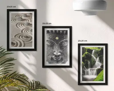Fotowand mit einer ruhigen Naturkulisse aus Steinen, einem Wasserfall und Buddha