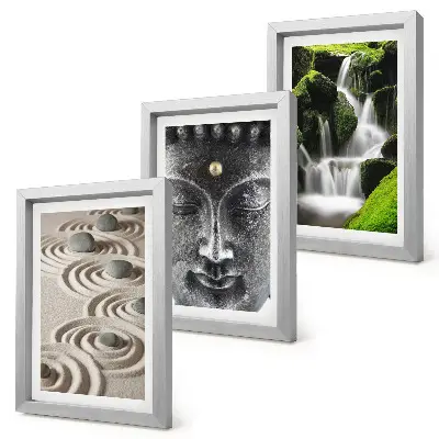 Fotowand mit einer ruhigen Naturkulisse aus Steinen, einem Wasserfall und Buddha
