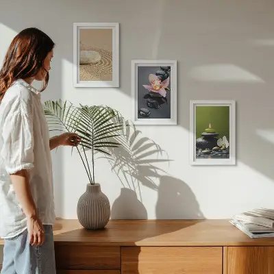 Bilderset mit Rahmen entspannende Steinmotive für eine Atmosphäre von Frieden und Zen