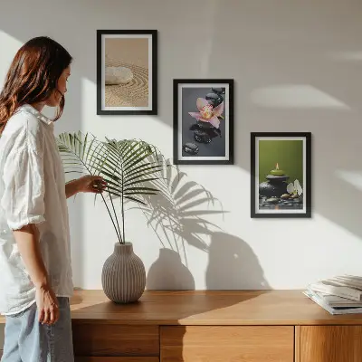 Bilderset mit Rahmen entspannende Steinmotive für eine Atmosphäre von Frieden und Zen
