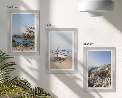 Fotowand Meerblick mit Boot und weißen Häusern in Griechenland