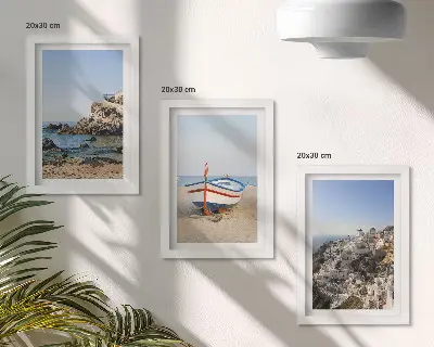 Fotowand Meerblick mit Boot und weißen Häusern in Griechenland