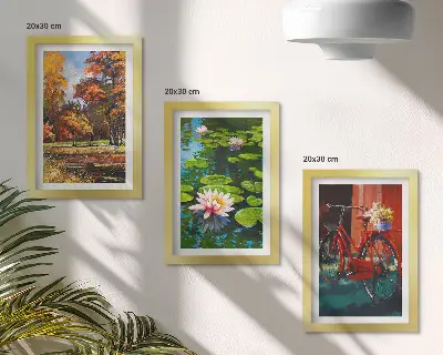 Bilderwand mit Herbstfarben, Seerosenteich und Fahrrad auf der Terrasse