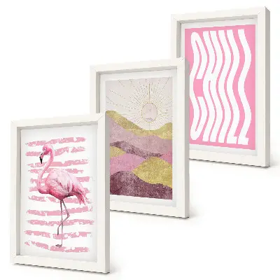 Bilderset mit Rahmen rosa Flamingos mit pastellfarbener Berglandschaft und kühler Schrift