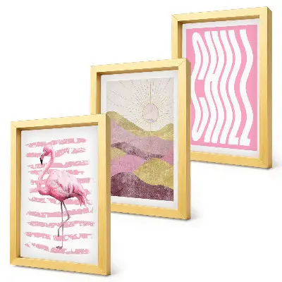 Bilderset mit Rahmen rosa Flamingos mit pastellfarbener Berglandschaft und kühler Schrift