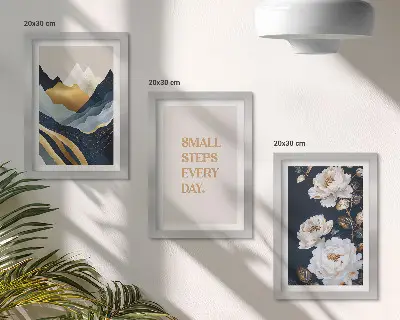 Bilderwand mit abstrakten Bergen, Blumen und inspirierenden Schriftzügen