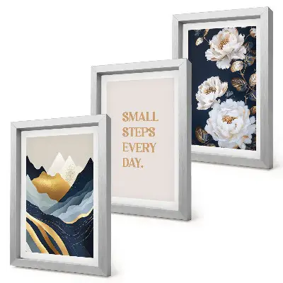 Bilderwand mit abstrakten Bergen, Blumen und inspirierenden Schriftzügen