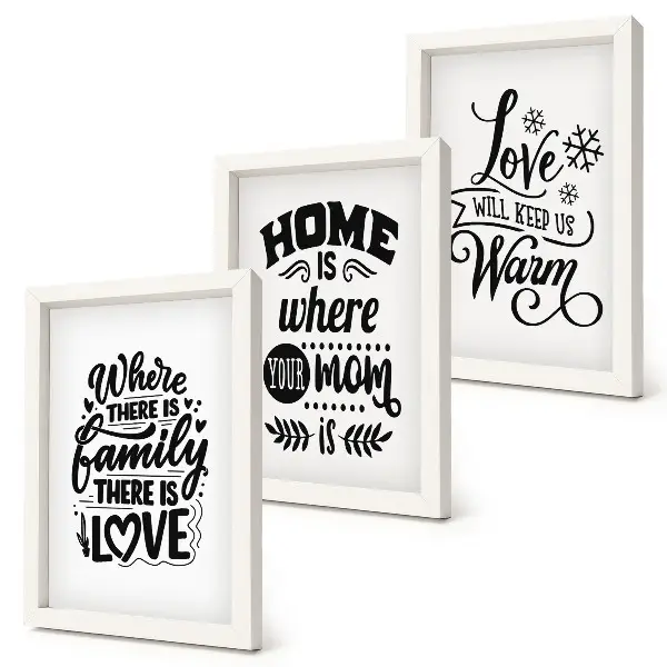Bilderset mit Rahmen Familie, Liebe, Zuhause und Wärme in einfachen Slogans