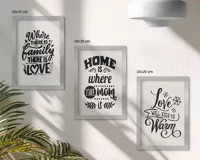 Bilderset mit Rahmen Familie, Liebe, Zuhause und Wärme in einfachen Slogans