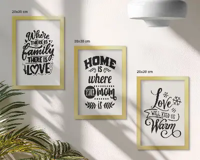 Bilderset mit Rahmen Familie, Liebe, Zuhause und Wärme in einfachen Slogans