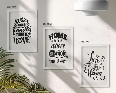 Bilderset mit Rahmen Familie, Liebe, Zuhause und Wärme in einfachen Slogans