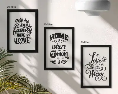 Bilderset mit Rahmen Familie, Liebe, Zuhause und Wärme in einfachen Slogans