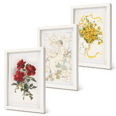 Bilderwand Rote Rosen, weiße Figur, gelbe Blumen in einer Vase