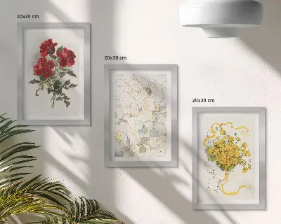 Bilderwand mit roten Rosen, einer weißen Figur und gelben Blumen in einer Vase