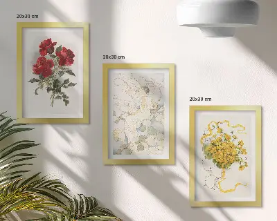 Bilderwand mit roten Rosen, einer weißen Figur und gelben Blumen in einer Vase