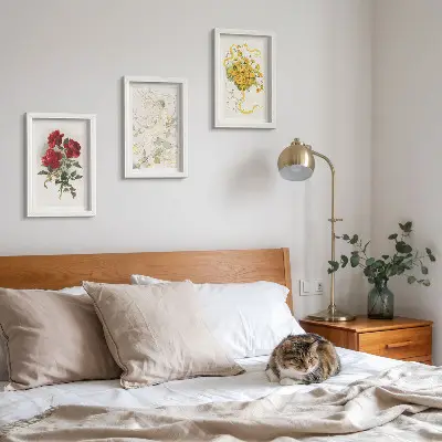Bilderwand mit roten Rosen, einer weißen Figur und gelben Blumen in einer Vase