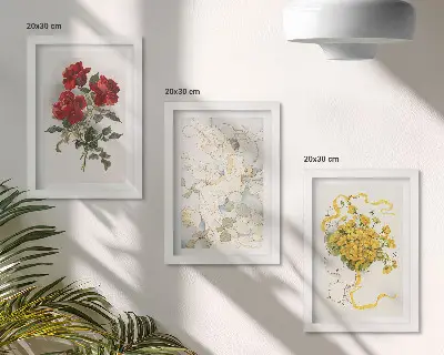 Bilderwand mit roten Rosen, einer weißen Figur und gelben Blumen in einer Vase