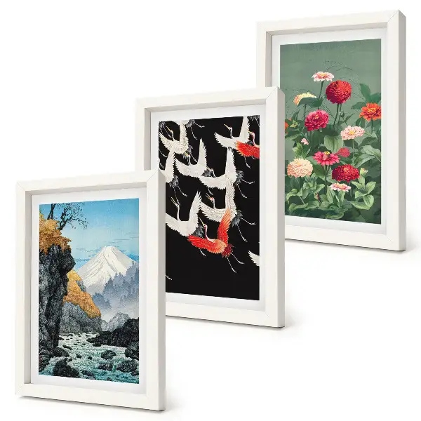 Bilderwand mit Bergen, Wasserfall, fliegenden Vögeln und bunten Blumen