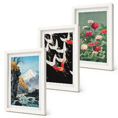 Bilderwand mit Bergen, Wasserfall, fliegenden Vögeln und bunten Blumen