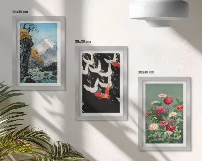 Bilderwand mit Bergen, Wasserfall, fliegenden Vögeln und bunten Blumen