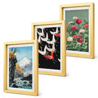Bilderwand mit Bergen, Wasserfall, fliegenden Vögeln und bunten Blumen
