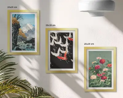 Bilderwand mit Bergen, Wasserfall, fliegenden Vögeln und bunten Blumen