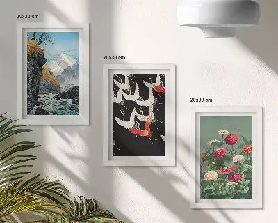 Bilderwand mit Bergen, Wasserfall, fliegenden Vögeln und bunten Blumen