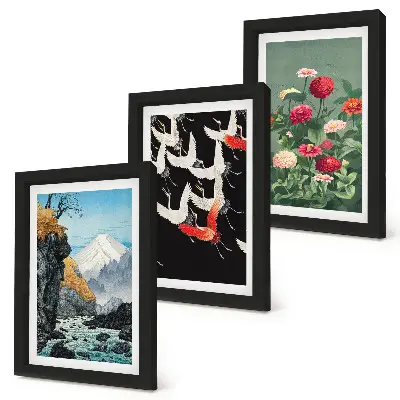 Bilderwand mit Bergen, Wasserfall, fliegenden Vögeln und bunten Blumen