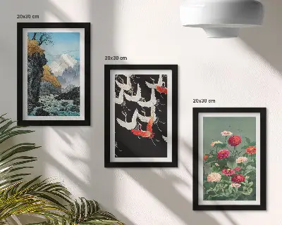 Bilderwand mit Bergen, Wasserfall, fliegenden Vögeln und bunten Blumen