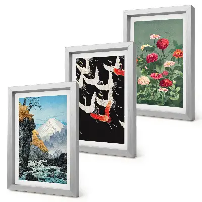 Bilderwand mit Bergen, Wasserfall, fliegenden Vögeln und bunten Blumen