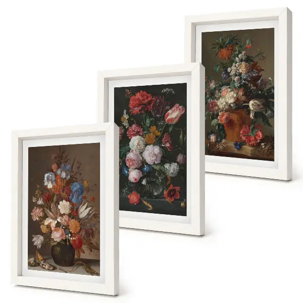 Bilderset mit Rahmen Blumen in Vasen als Vintage-Pflanzenarrangements