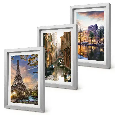 Bilderwand mit Motiven vom Eiffelturm, den Kanälen von Venedig und den Straßen von Amsterdam